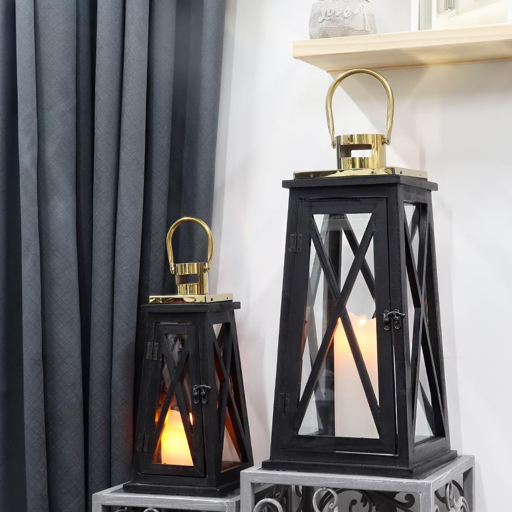 Set of Two Black Distressed Glass Tabletop Lantern Candle Holders