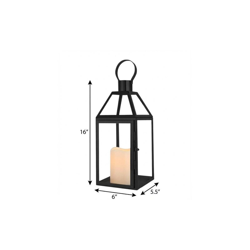 16" Black And Clear Glass And Metal Tabletop Lantern Candle Holder