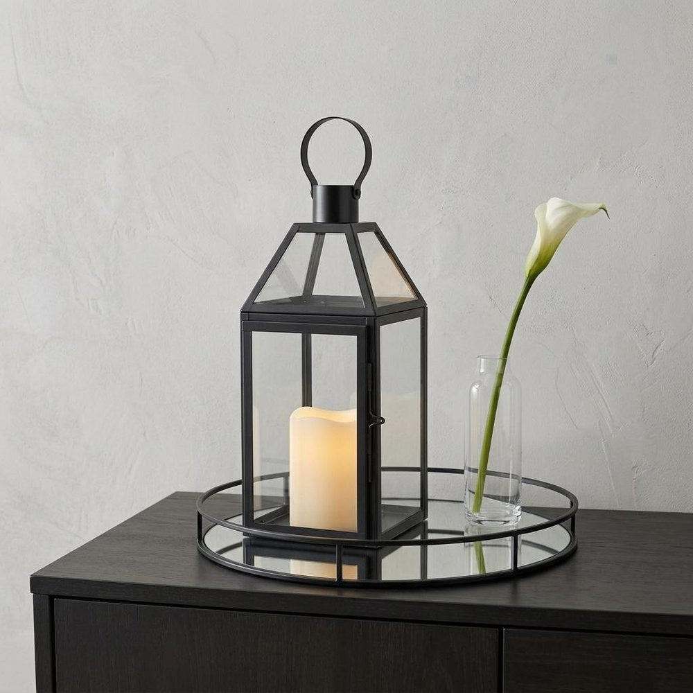 16" Black And Clear Glass And Metal Tabletop Lantern Candle Holder