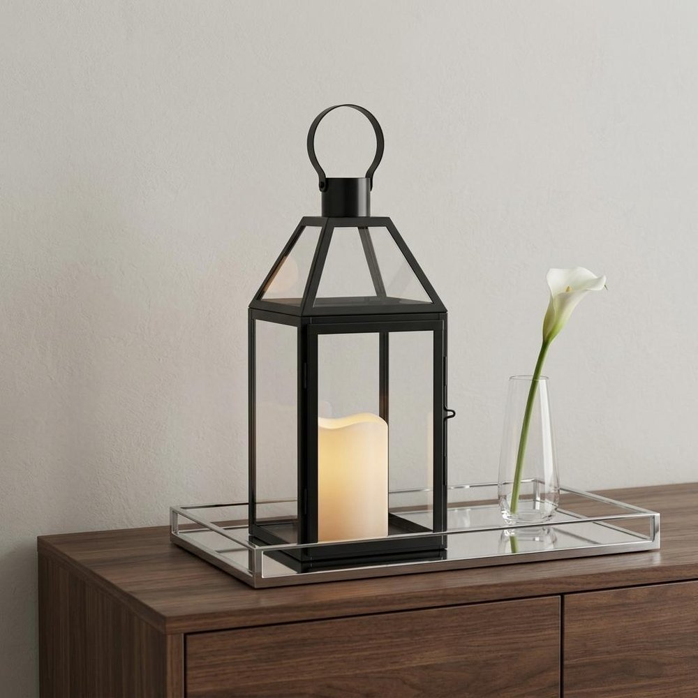 16" Black And Clear Glass And Metal Tabletop Lantern Candle Holder