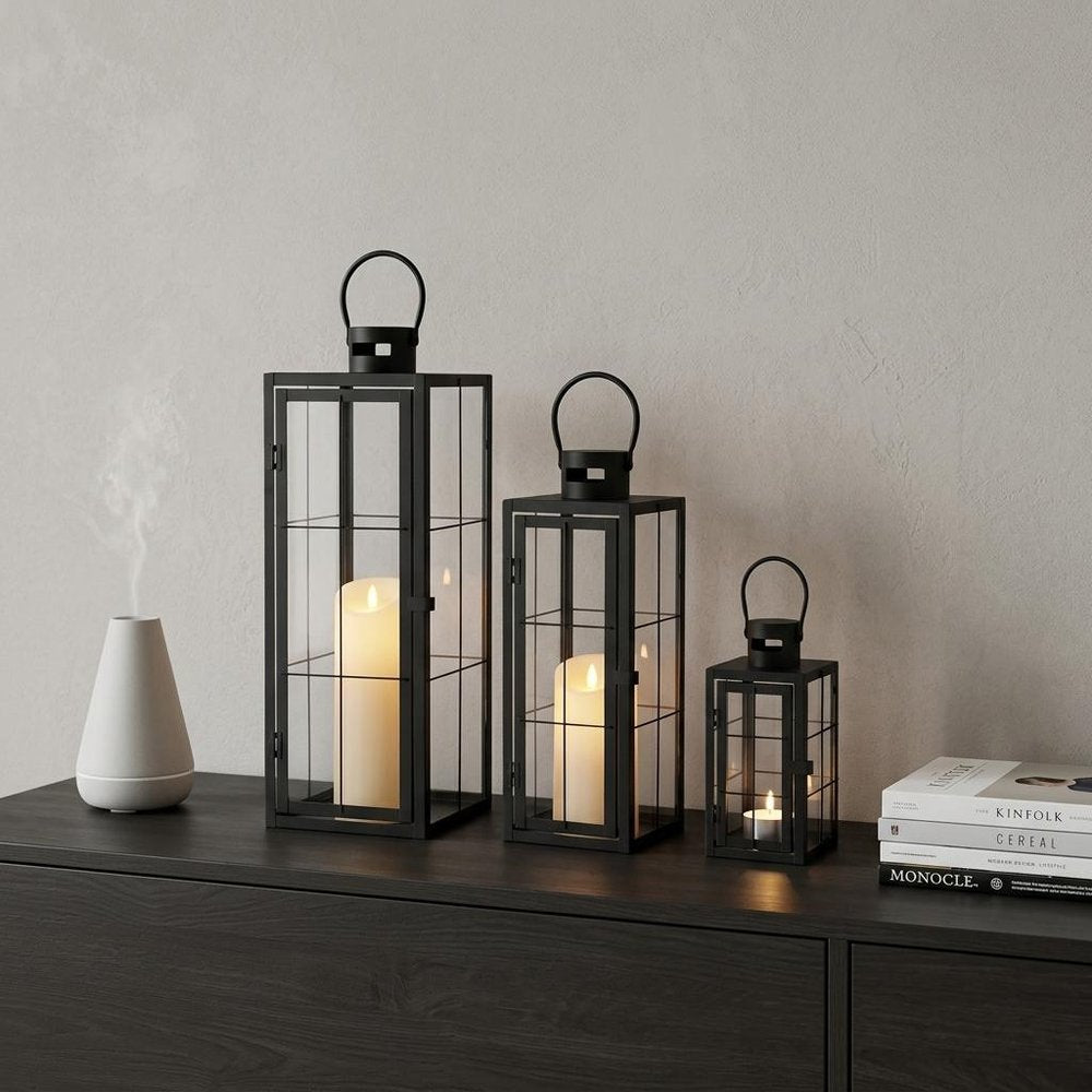 Set of Three Black Distressed Glass Tabletop Lantern Candle Holders