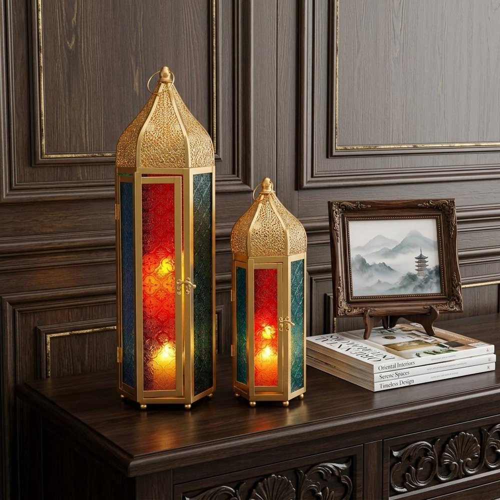 Set of Two Blue Gold And Red Distressed Filigree Glass And Metal Tabletop Lantern Candle Holders