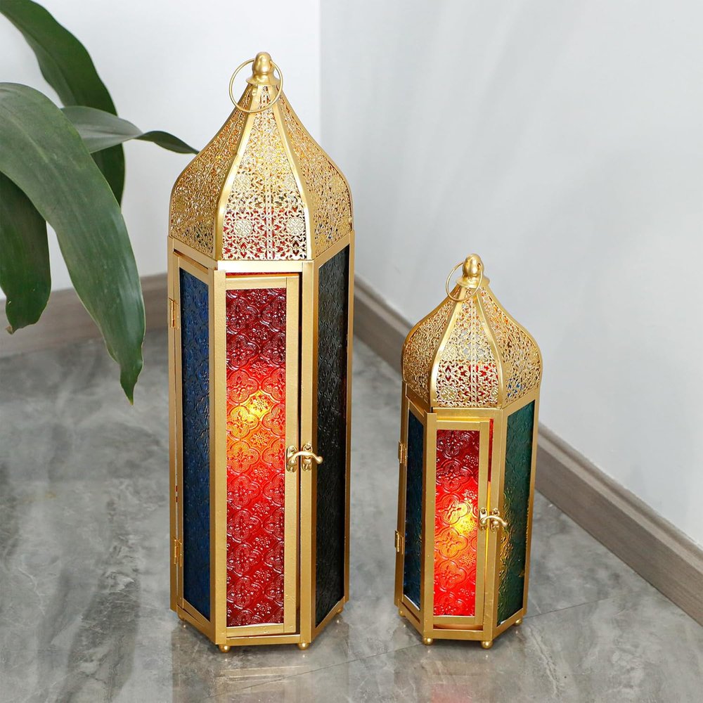 Set of Two Blue Gold And Red Distressed Filigree Glass And Metal Tabletop Lantern Candle Holders