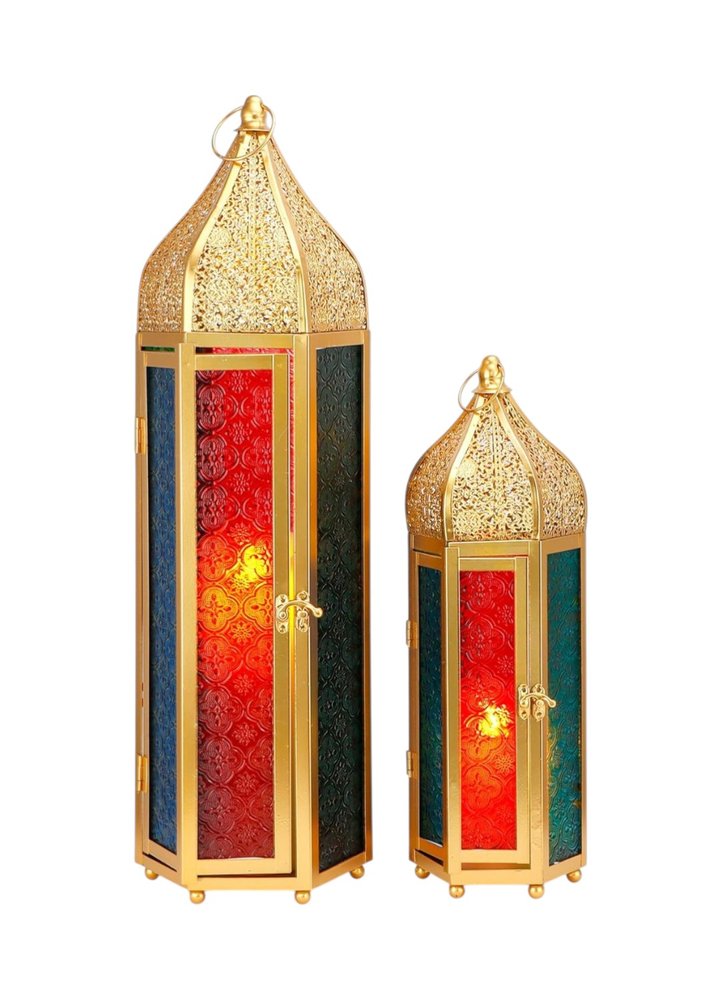 Set of Two Blue Gold And Red Distressed Filigree Glass And Metal Tabletop Lantern Candle Holders