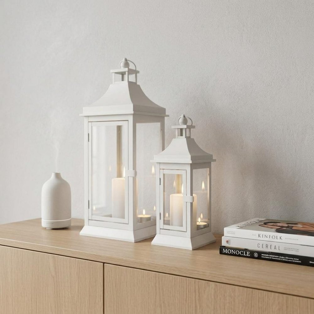 Set of Two White Glass Floor Candelabra Candle Holders