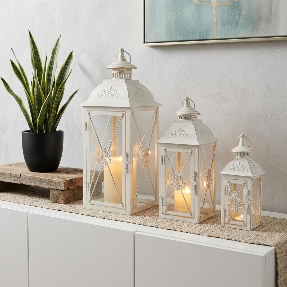 Set of Three White And Clear Filigree Scroll Metal And Glass Tabletop Lantern Candle Holders