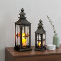 Set of Two Black And Clear Distressed Filigree Glass And Metal Tabletop Lantern Candle Holders