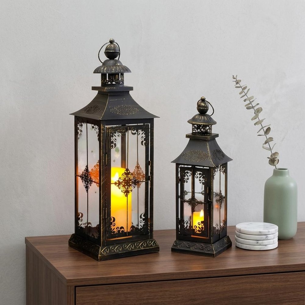 Set of Two Black And Clear Distressed Filigree Glass And Metal Tabletop Lantern Candle Holders