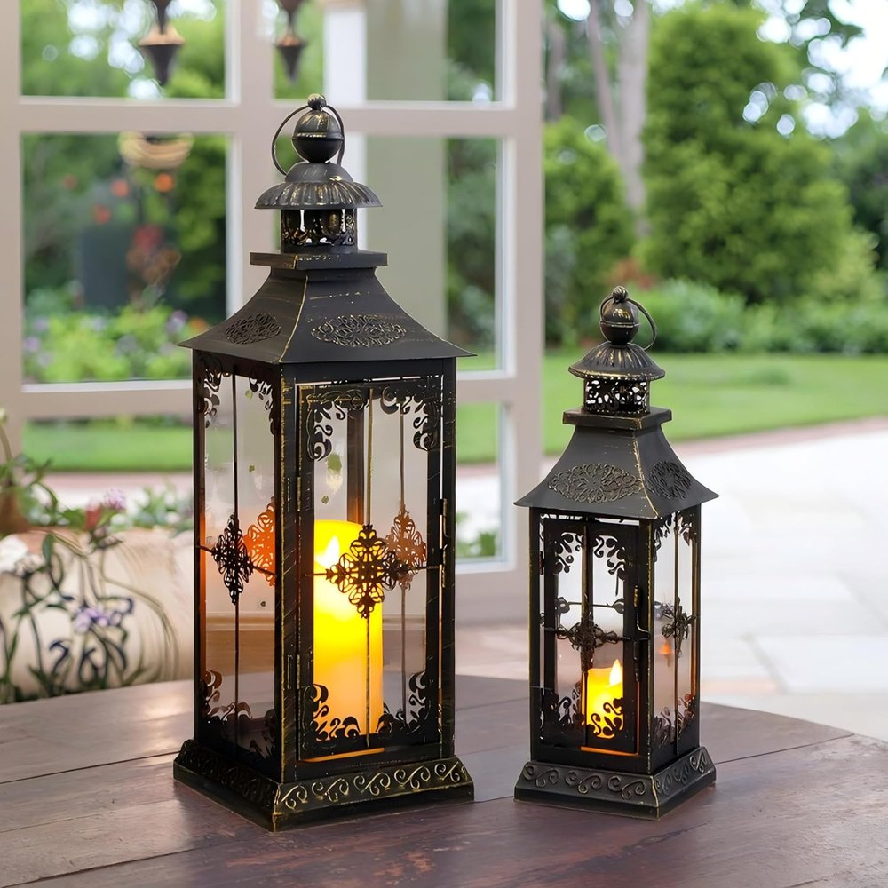 Set of Two Black And Clear Distressed Filigree Glass And Metal Tabletop Lantern Candle Holders