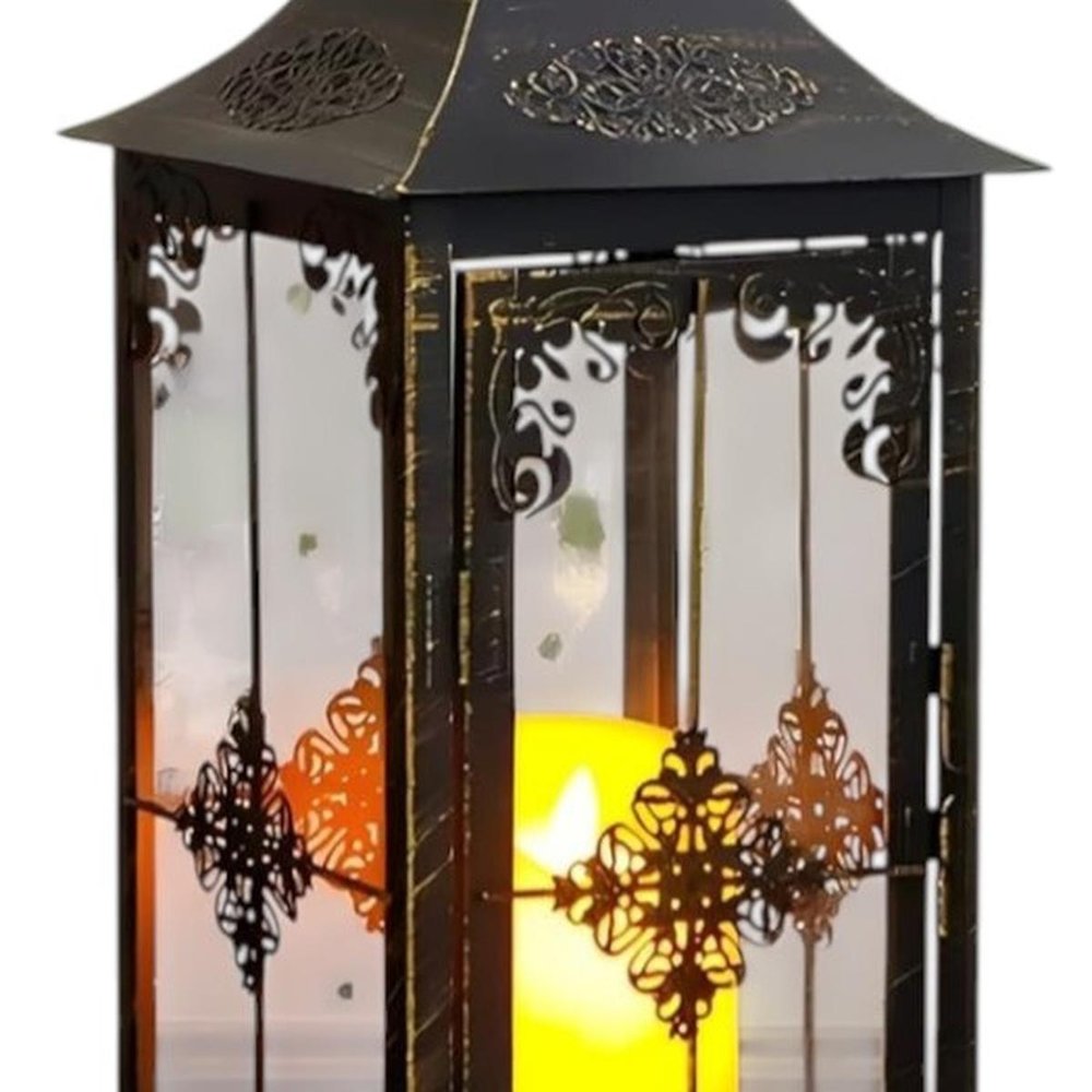 Set of Two Black And Clear Distressed Filigree Glass And Metal Tabletop Lantern Candle Holders