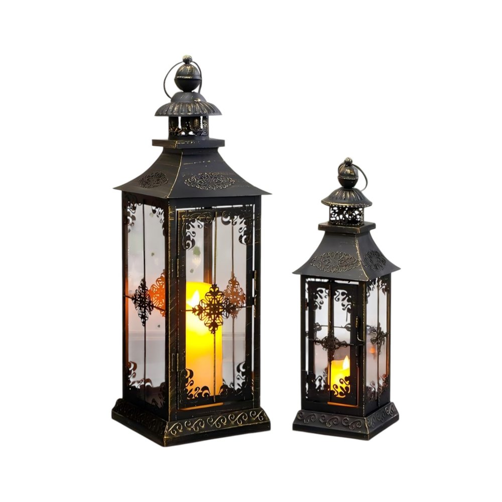 Set of Two Black And Clear Distressed Filigree Glass And Metal Tabletop Lantern Candle Holders
