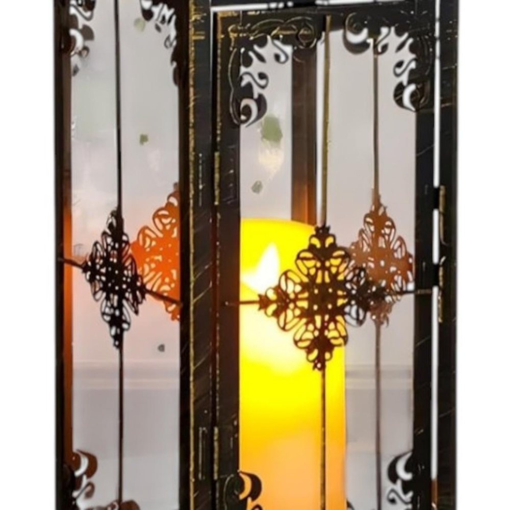 Set of Two Black And Clear Distressed Filigree Glass And Metal Tabletop Lantern Candle Holders
