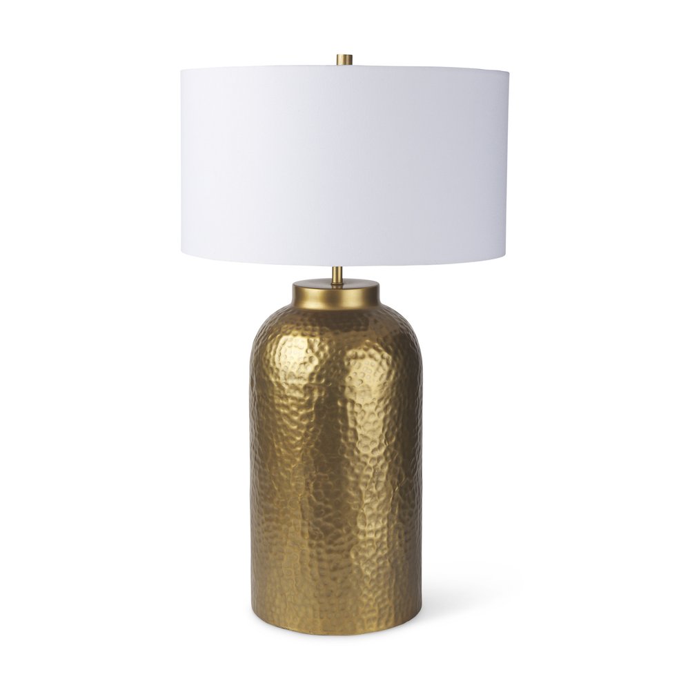 30" Gold Novelty Table Lamp With Drum Shade. Table lamp isolated on a plain white background, in a gold finish.