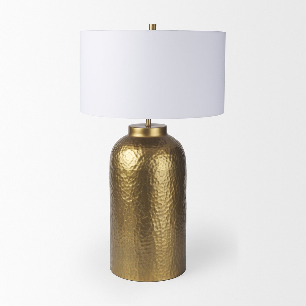 30" Gold Novelty Table Lamp With Drum Shade. Table lamp isolated on a plain white background, finished in gold.