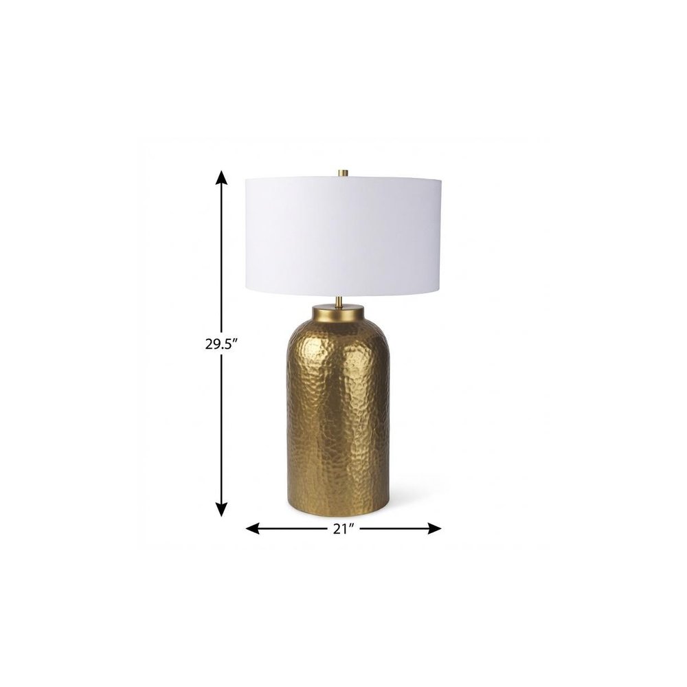 30" Gold Novelty Table Lamp With Drum Shade. Table lamp isolated on a plain white background, finished in gold.