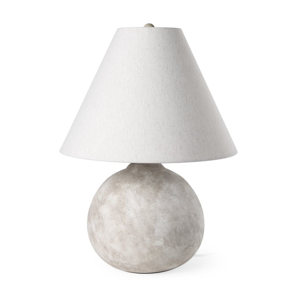 25" Tan Novelty Table Lamp With Bell Shade. Table lamp isolated on a plain white background, in a light gray finish.