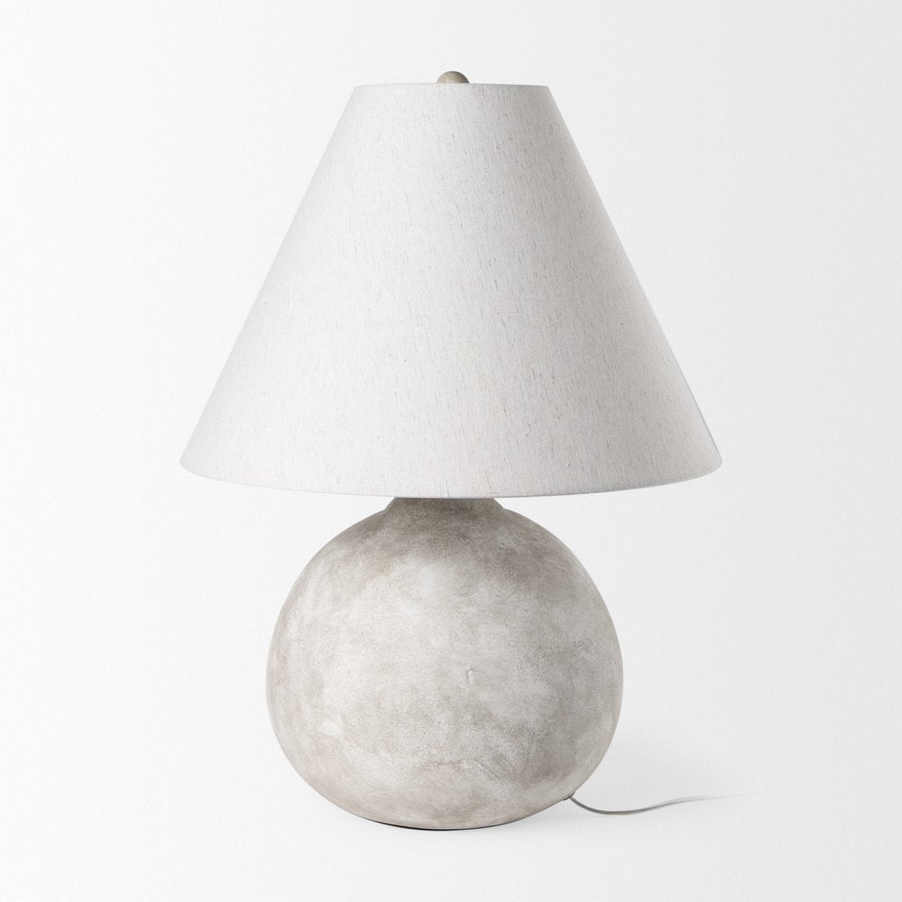 25" Tan Novelty Table Lamp With Bell Shade. Table lamp isolated on a plain white background, showing its light gray color.