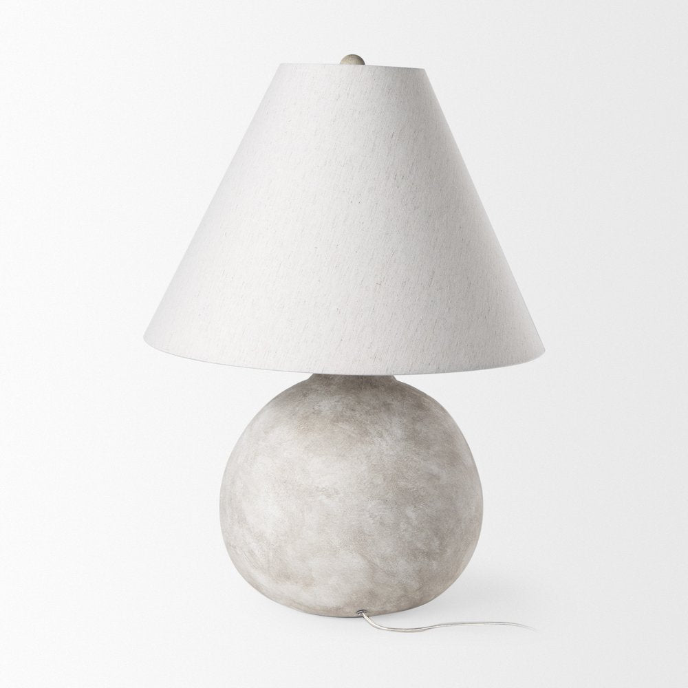 25" Tan Novelty Table Lamp With Bell Shade. Table lamp isolated on a plain white background, in a light gray finish.