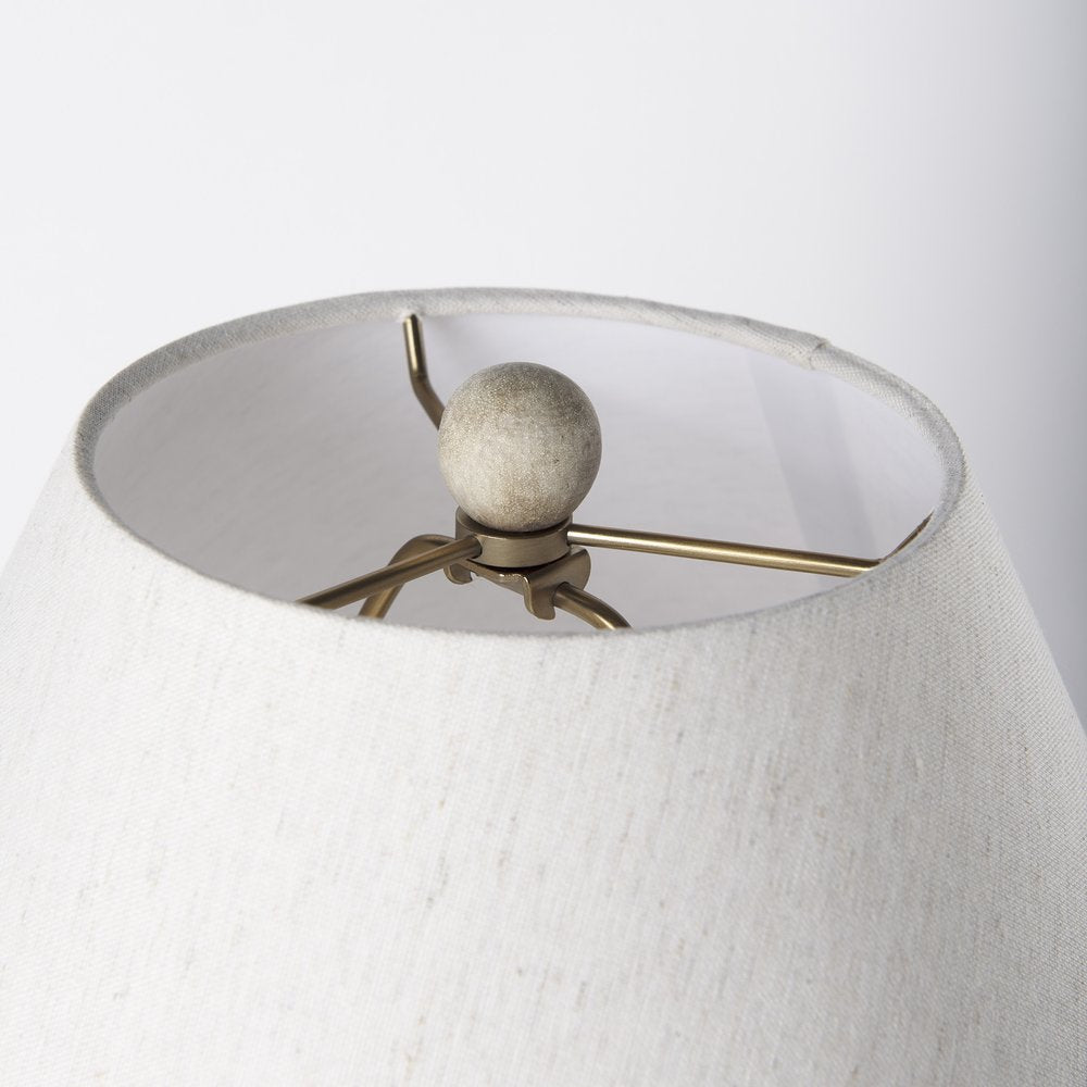 25" Tan Novelty Table Lamp With Bell Shade. Table lamp isolated on a plain white background, finished in light gray.