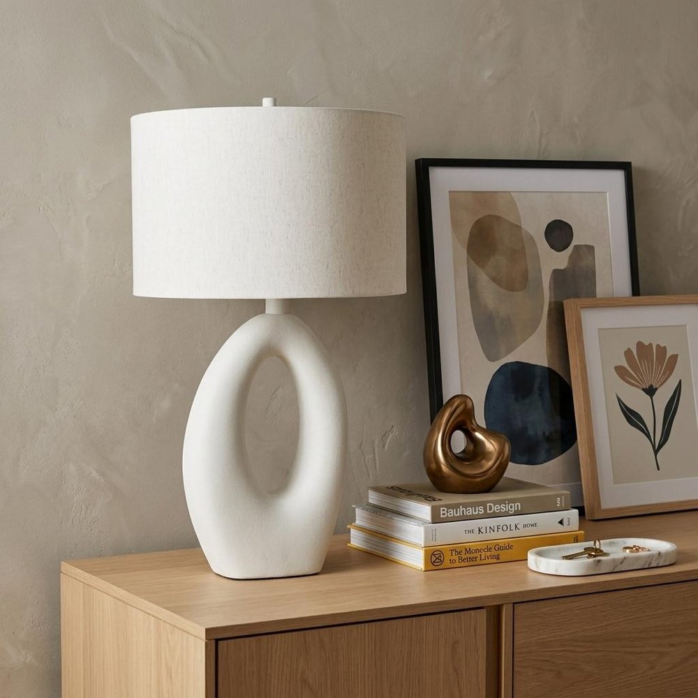 31" White Novelty Table Lamp With Drum Shade displayed on a dark wood tabletop in a furnished interior against a tan wall.