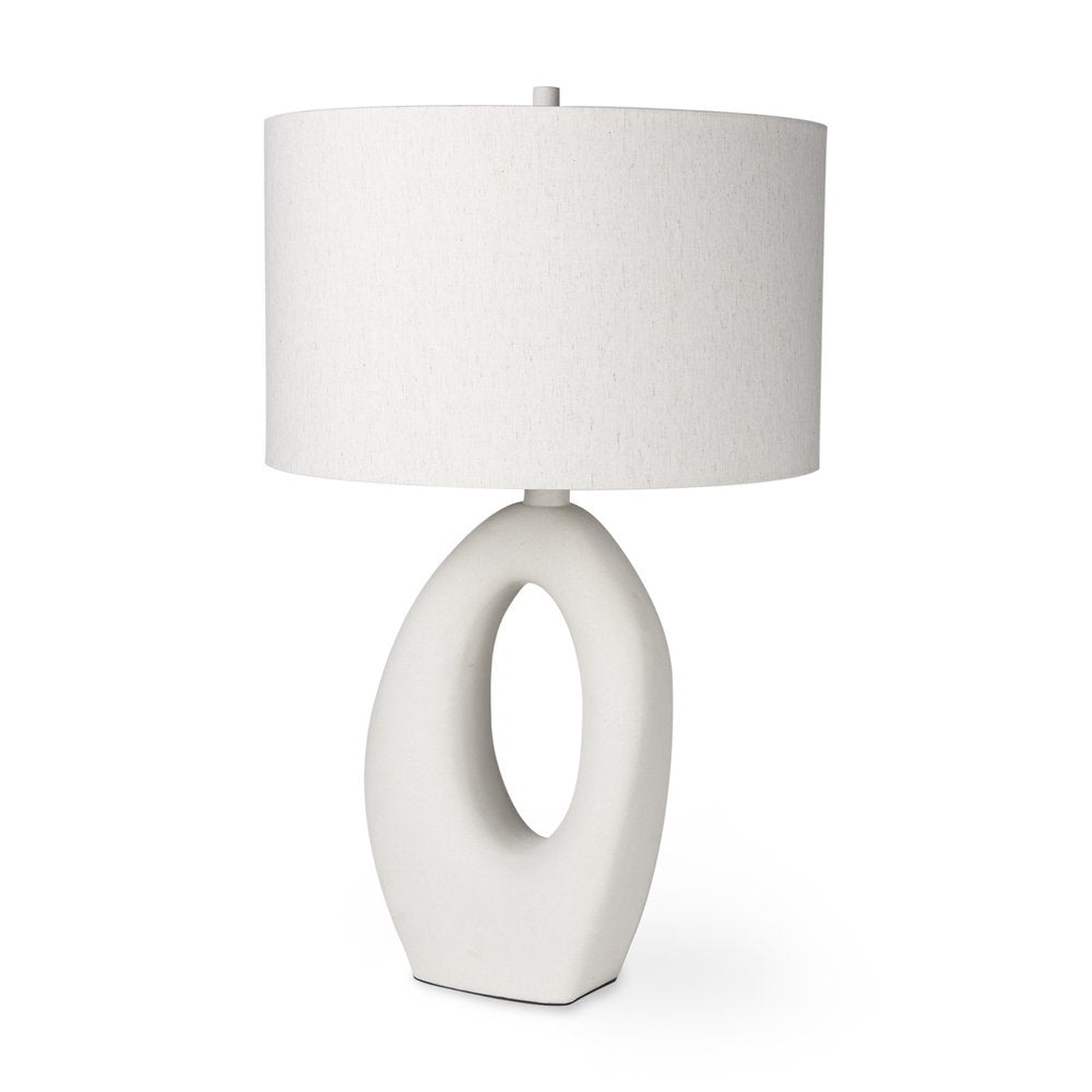 31" White Novelty Table Lamp With Drum Shade. Table lamp isolated on a plain white background, finished in white.