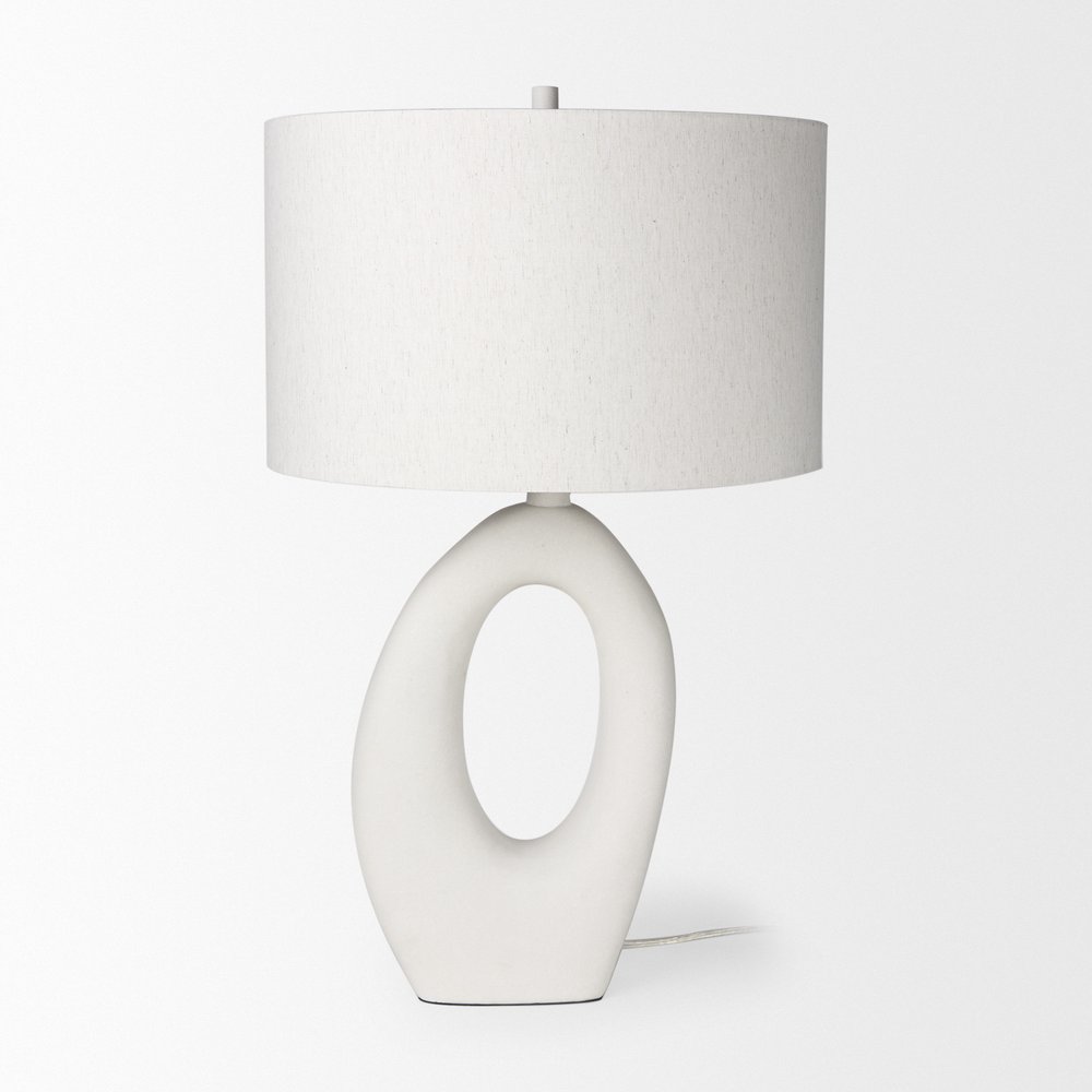 31" White Novelty Table Lamp With Drum Shade. Table lamp isolated on a plain white background, showing its white color.
