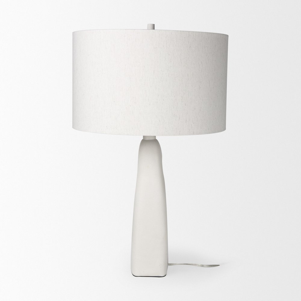 31" White Novelty Table Lamp With Drum Shade. Table lamp isolated on a plain white background, in a white finish.