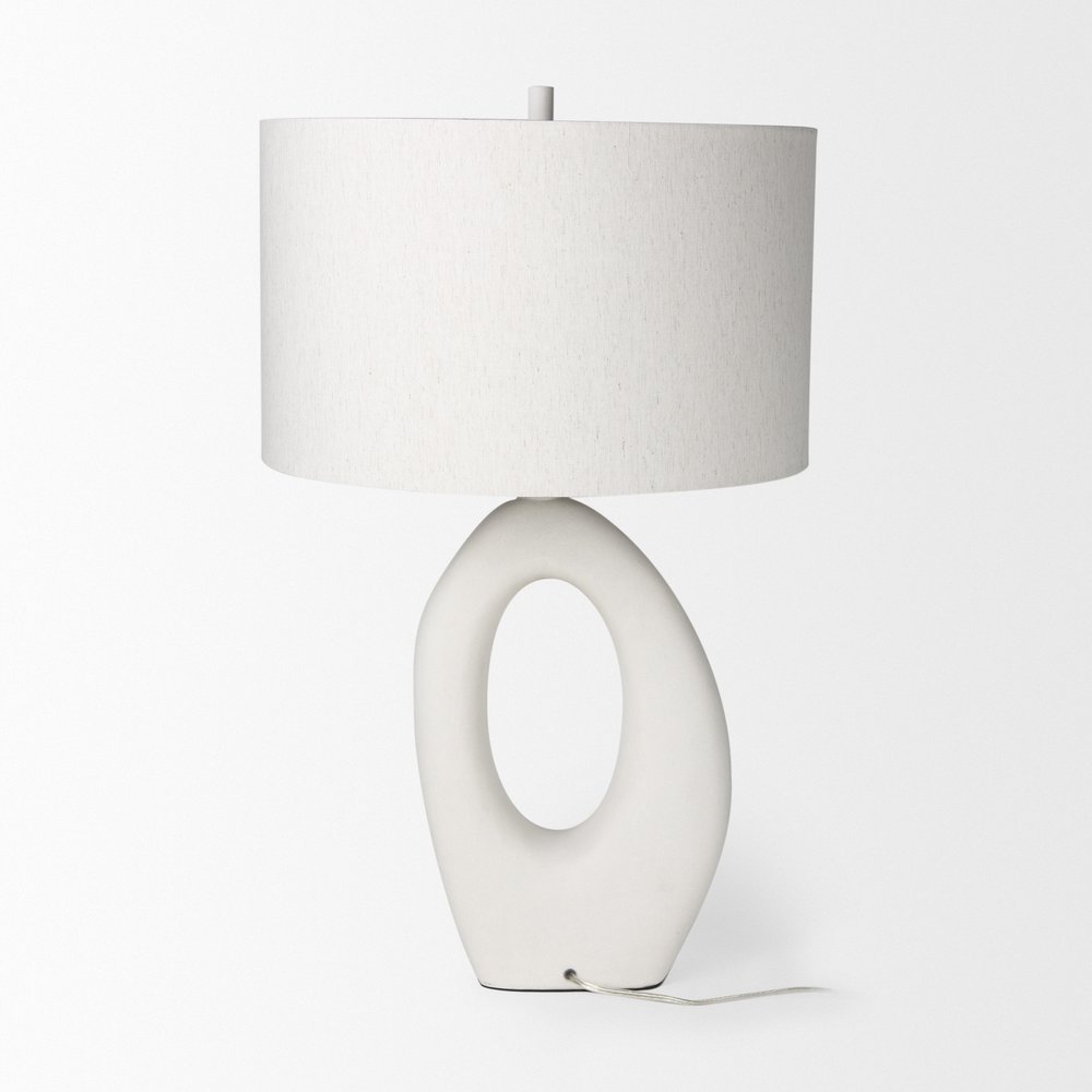 31" White Novelty Table Lamp With Drum Shade. Table lamp isolated on a plain white background, showing its white color.
