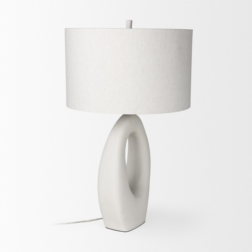 31" White Novelty Table Lamp With Drum Shade. Table lamp isolated on a plain white background, in a white finish.