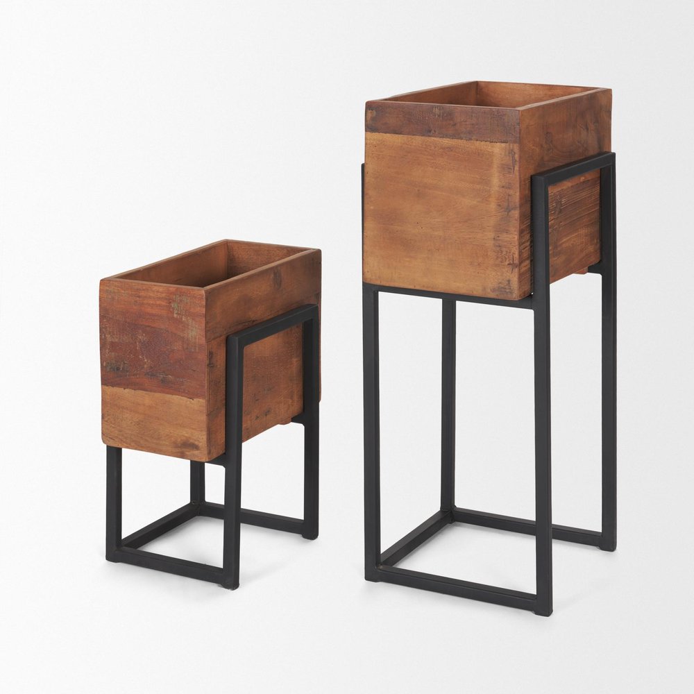 Set of Two Brown Metal 1 Ounce Rectangular Urn Planters