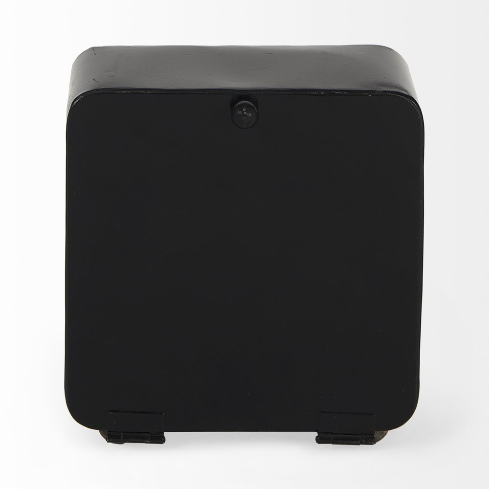 6" Black Metal Analog Round Wall Clock. Wall clock isolated on a plain white background, finished in black metal.