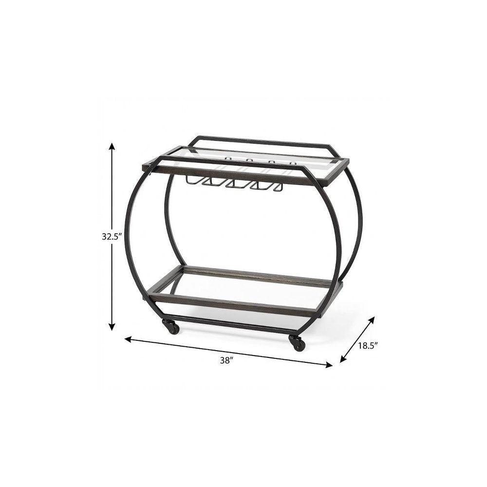 19" Black and Gunmetal Glass and Metal Rolling Kitchen Cart With Storage. Kitchen cart isolated on a plain white background, in a black glass finish.