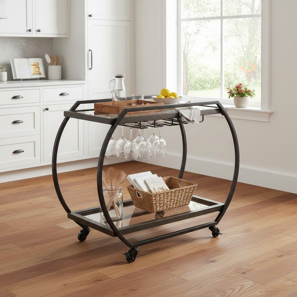 19" Black and Gunmetal Glass and Metal Rolling Kitchen Cart With Storage.