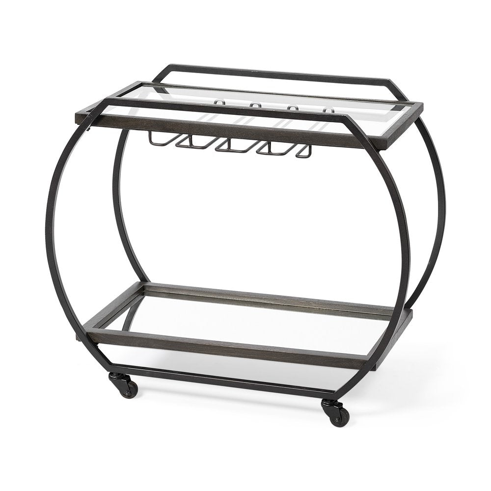 19" Black and Gunmetal Glass and Metal Rolling Kitchen Cart With Storage