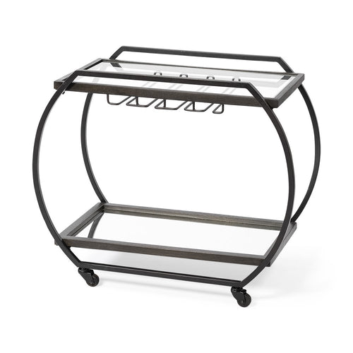 Black and gunmetal metal rolling kitchen cart with glass shelves and wine glass rack on white background.