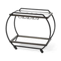 19" Black and Gunmetal Glass and Metal Rolling Kitchen Cart With Storage. Kitchen cart isolated on a plain white background, showing a black glass surface.