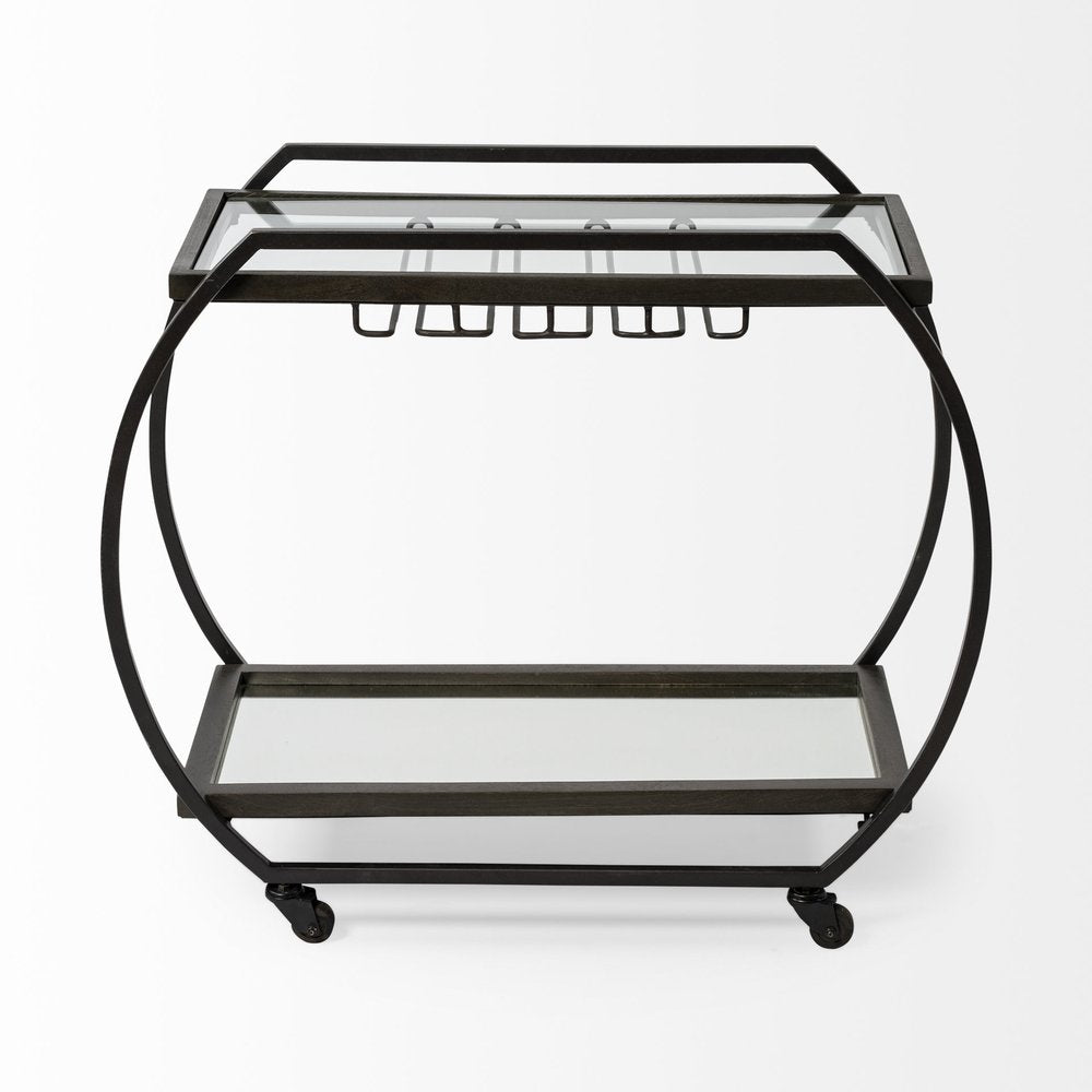 19" Black and Gunmetal Glass and Metal Rolling Kitchen Cart With Storage