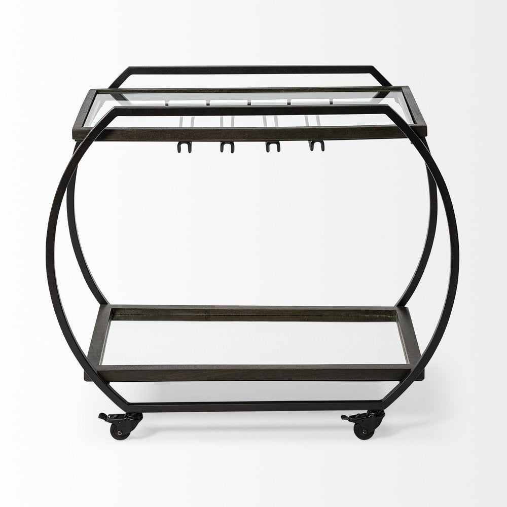 19" Black and Gunmetal Glass and Metal Rolling Kitchen Cart With Storage