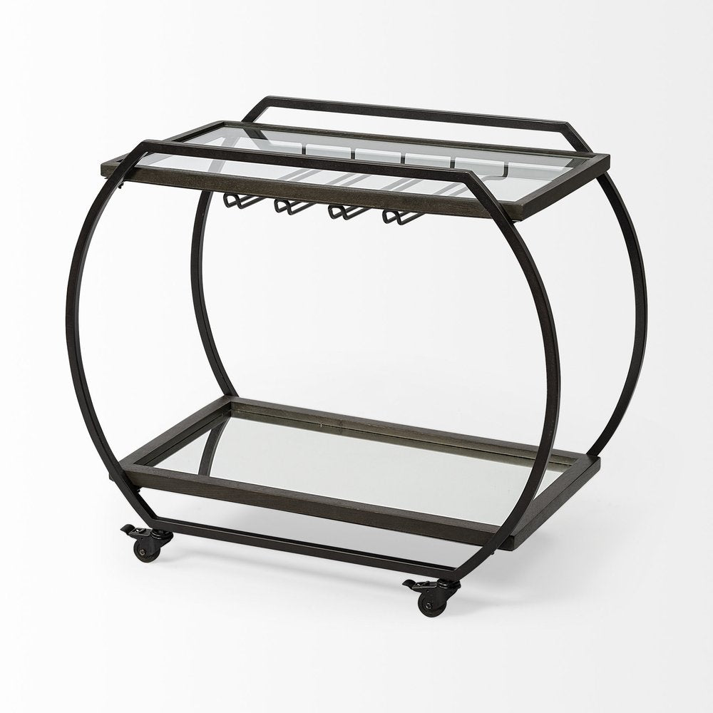 19" Black and Gunmetal Glass and Metal Rolling Kitchen Cart With Storage