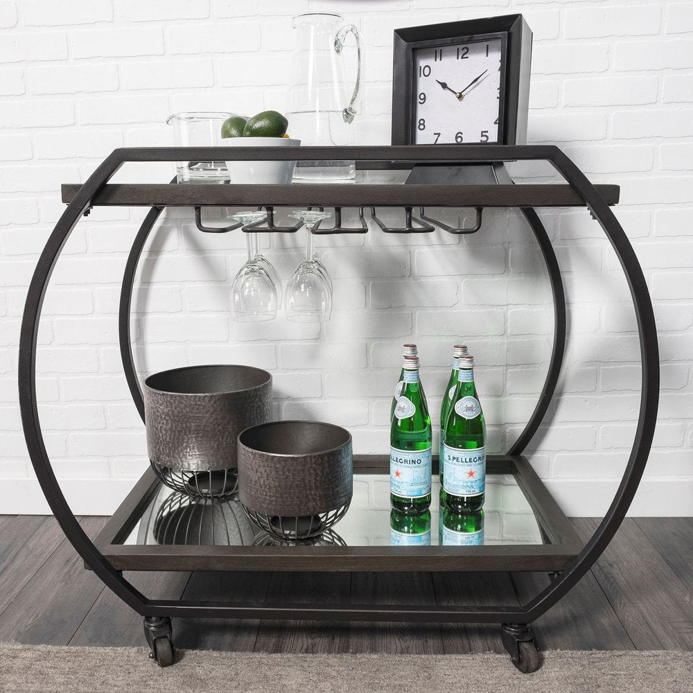 19" Black and Gunmetal Glass and Metal Rolling Kitchen Cart With Storage. Kitchen cart in black glass.