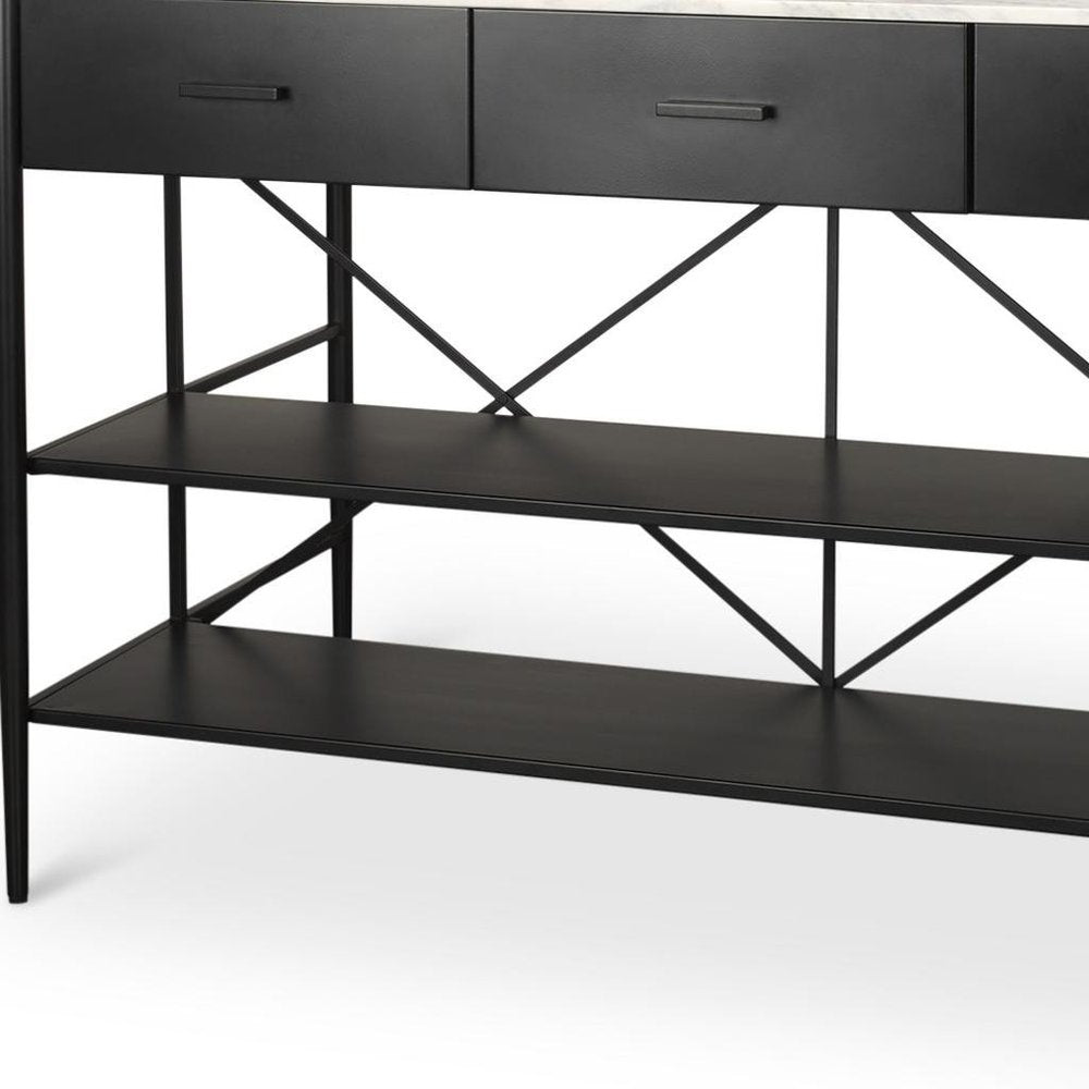34" White and Black Marble and Metal Kitchen Island With Storage. Kitchen cart isolated on a plain white background, in a black metal finish.