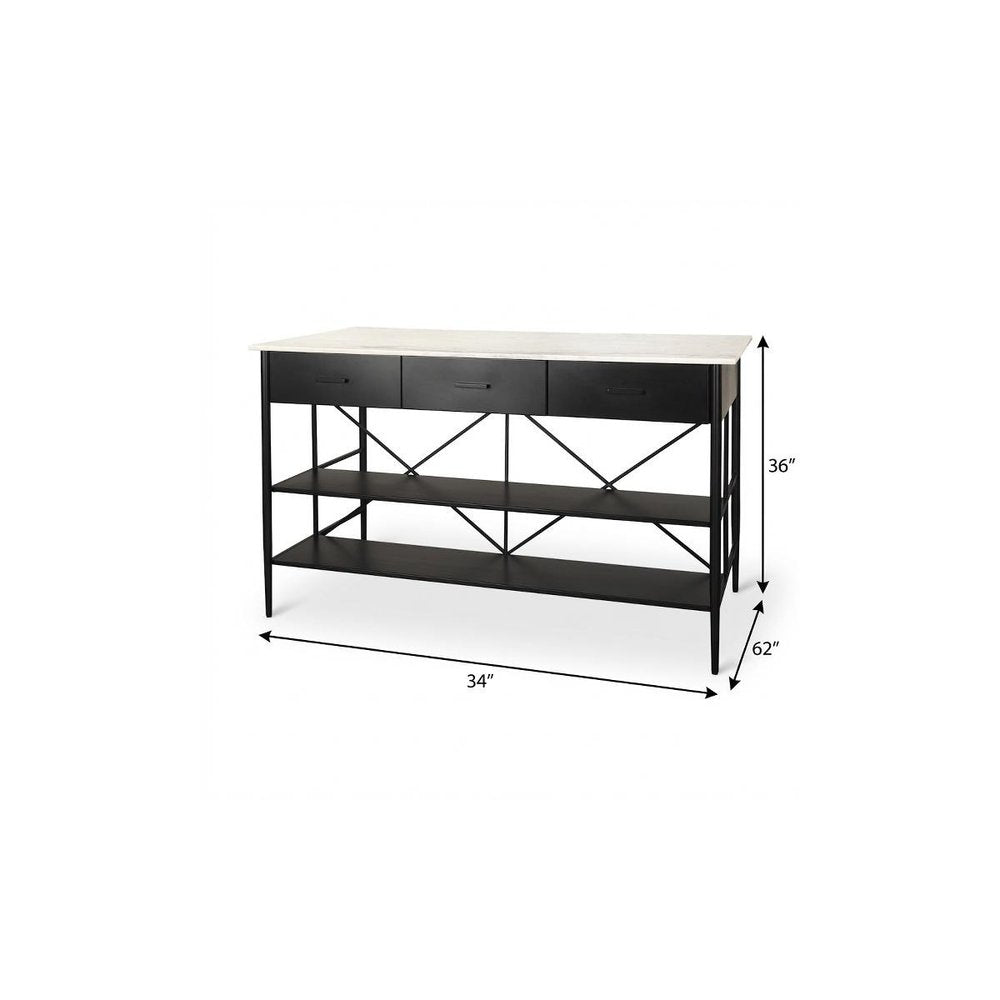 34" White and Black Marble and Metal Kitchen Island With Storage. Kitchen cart isolated on a plain white background, finished in black metal.