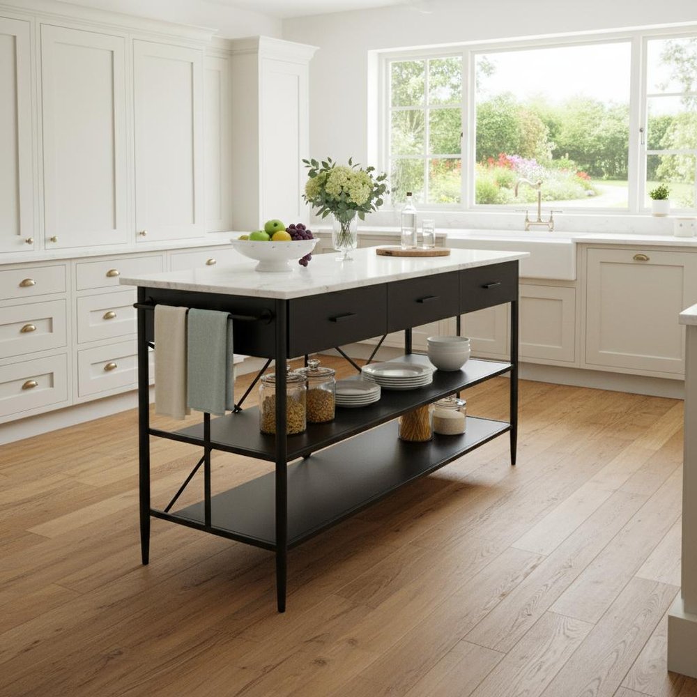 34" White and Black Marble and Metal Kitchen Island With Storage styled in a furnished interior with an off-white wall on a wood floor.