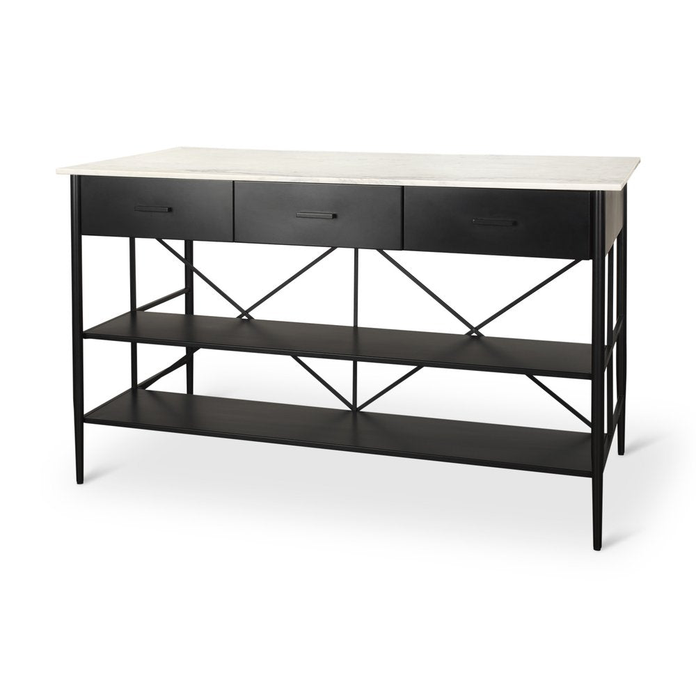 34" White and Black Marble and Metal Kitchen Island With Storage