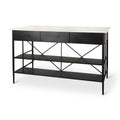 34" White and Black Marble and Metal Kitchen Island With Storage. Kitchen cart isolated on a plain white background, in a black metal finish.