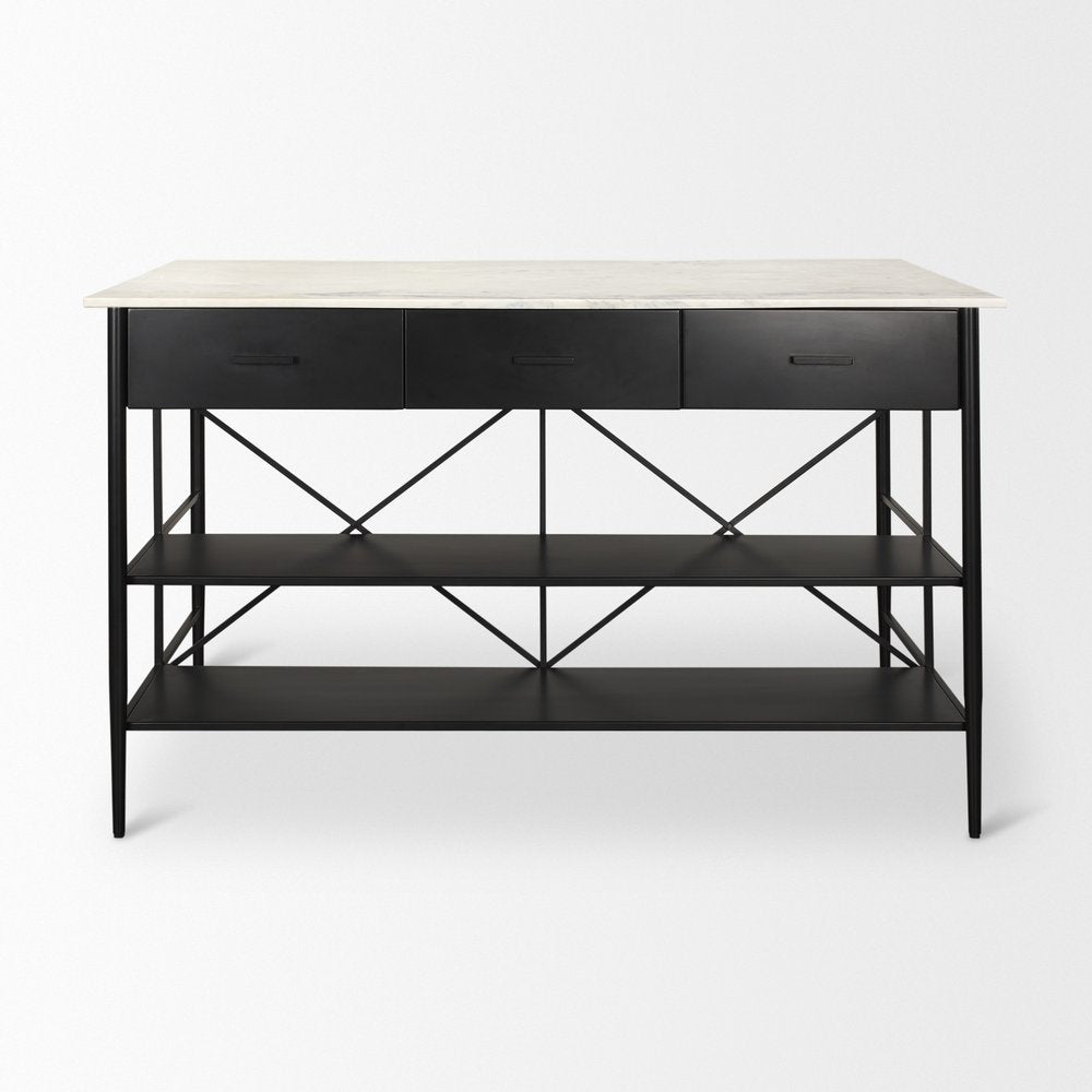 34" White and Black Marble and Metal Kitchen Island With Storage
