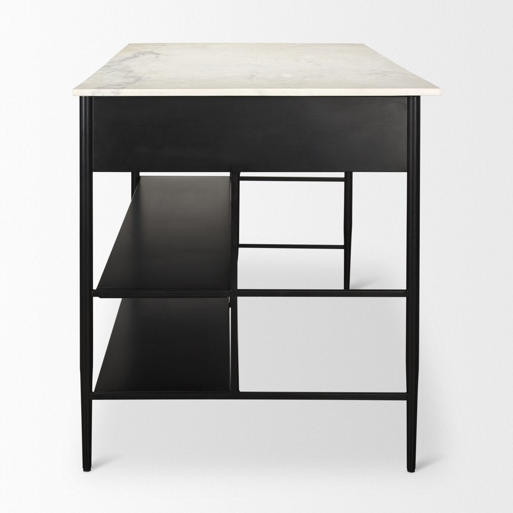 34" White and Black Marble and Metal Kitchen Island With Storage
