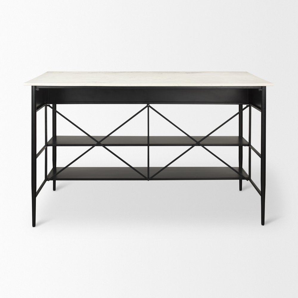 34" White and Black Marble and Metal Kitchen Island With Storage