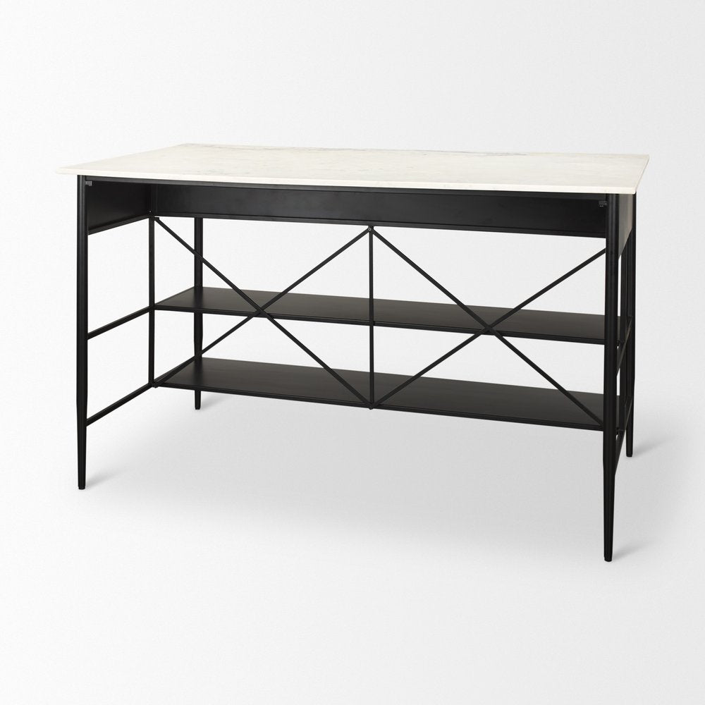 34" White and Black Marble and Metal Kitchen Island With Storage