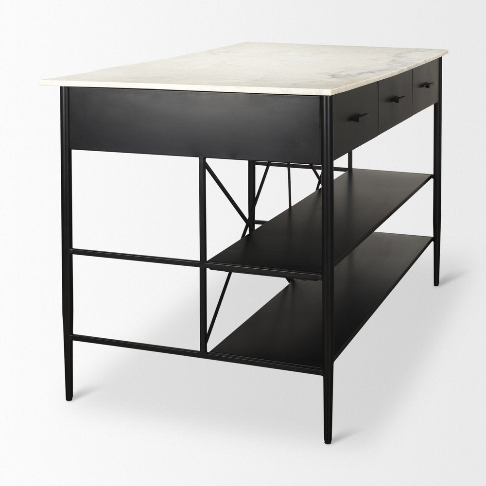 34" White and Black Marble and Metal Kitchen Island With Storage. Kitchen cart isolated on a plain white background, in a black metal finish.